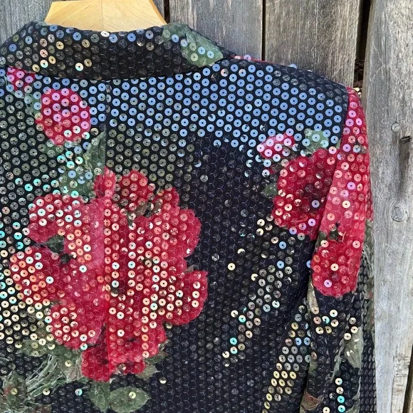 Escada Vintage Y2K Sequin Embellished Floral Blazer Jacket Black Red 38